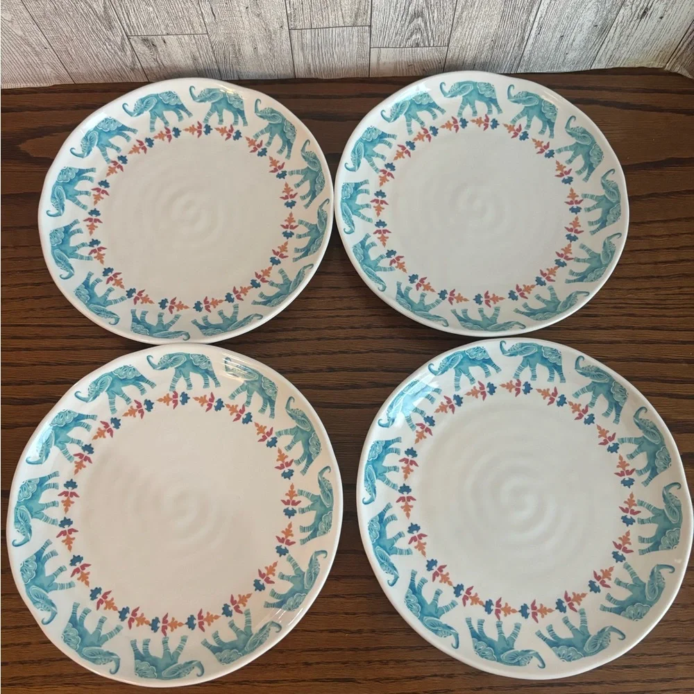 Chico's Teal and Coral Elephant Dinner Plates melamine set 4